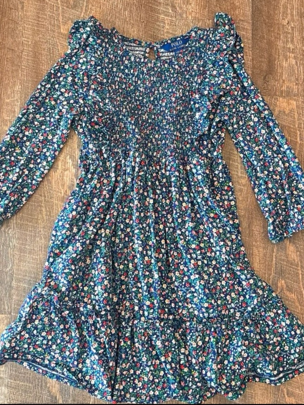 Polo by Ralph Lauren Navy Multicolor Floral Smocked Dress girls size 12/14 large